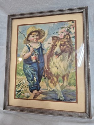 1927 Brown & Bigelow Happy Days Print Blue Jeans Collie Fishing w/ antique frame