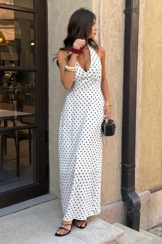 Women’s Polka Dot Halter Long Dress Bodycon Backless Sleeveless Elegant