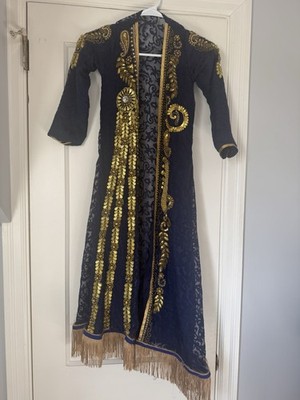 Girls Navy Blue Gold Kaftan Robe Embroidered Sequin Dress Sheer Fringed Sz 7-10