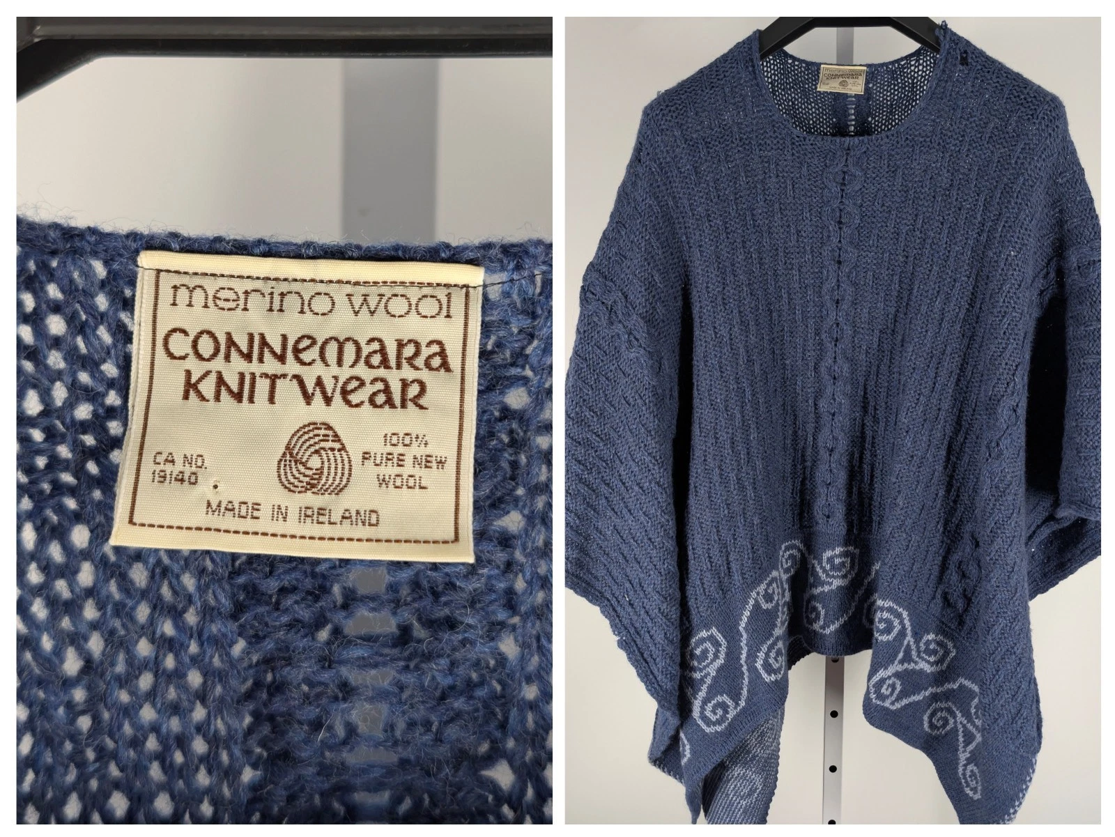 Vintage Connemara Ireland Merino Wool Poncho Blue Celtic Scroll Knit Cape OS