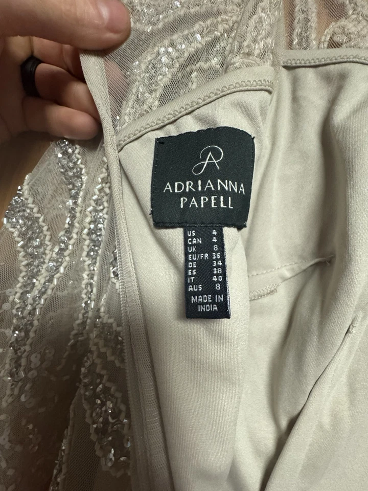 ADRIANNA PAPELL Beaded Scoopneck Illusion Long Sleeve Sheath Dress SZ 4. Wedding - Image 4 of 4