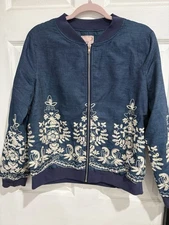 Denim & Co Floral Embroidered Denim Zip Up Jacket Sz XL