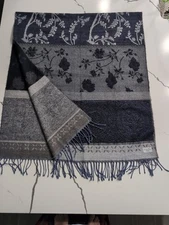 Aurora Paci Italia Blue Gray Floral Print  Scarf Wrap Shaw Fringe Made In Italy