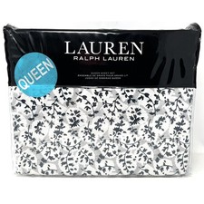 Ralph Lauren Eva Leaf Floral Sheet Set Queen Gray Navy 100% Cotton Sateen 4pcs