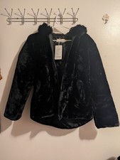 Women's Black Faux Fur Zip-Up Hooded Jacket with Quilted Lining Small