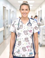 Green Town Owl Scrub Top Women s M V-Neck 2 Pocket Stretch Nurse Cute