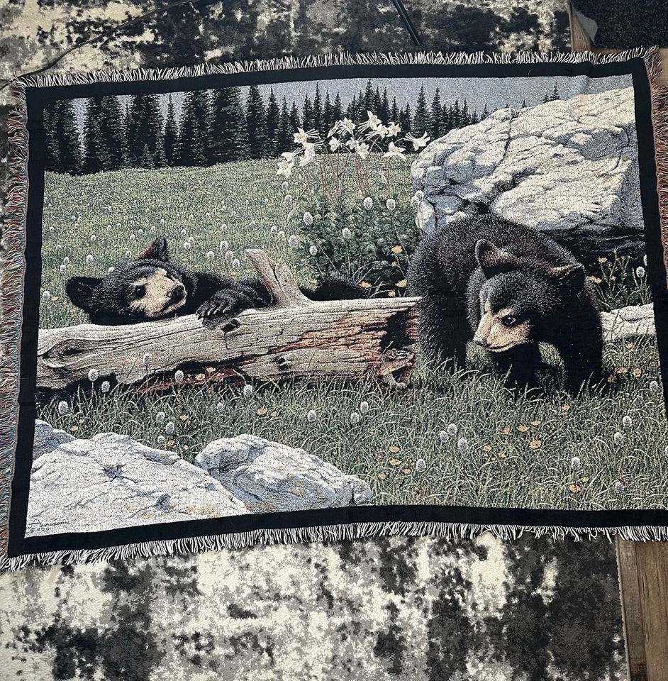 Manta vintage tapiz flecos osos negros bordada naturaleza 49x69 Foto 2 de 4