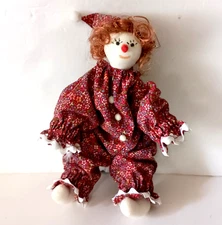 Vintage Handcrafted Happy Clown Fabric Cloth Rag Doll 8" Stuffed Floral