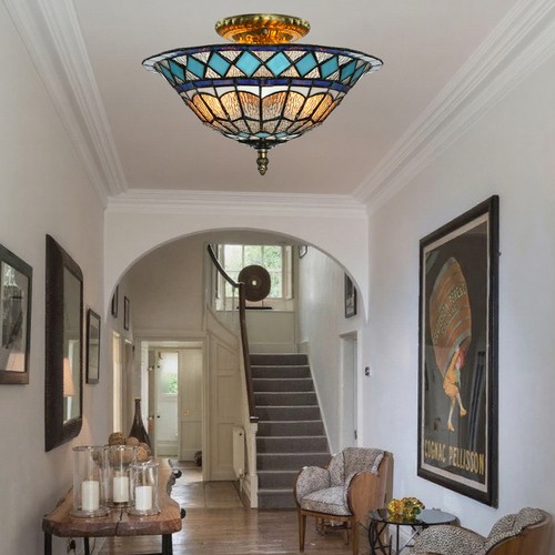Tiffany Stained Glass Flush Mount Ceiling Light Art Decor Lamp for Living Room - Picture 8 of 10