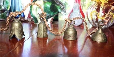 VTG Etched Brass Bells of Sarna India Set Of 4 On Braided Rope Beautiful Tones