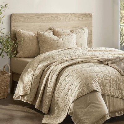 Wonderful Natural Linen Cotton Quilt - Wavy Box Stitched Beige Queen Quilt, 100%
