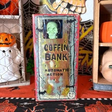 Vintage Halloween Yone Mechanical Skeleton Coffin Bank Japan