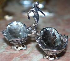 RARE Antique European .800 SILVER Double Salt Cellar NUDE POSEIDON FIGURE HANDLE