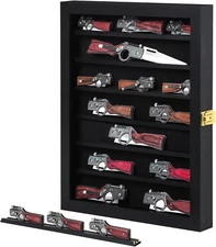 Knife Display Case Cabinet 21 Pcs Wood Pocket Knives Holder Wall Lock Shadow Box