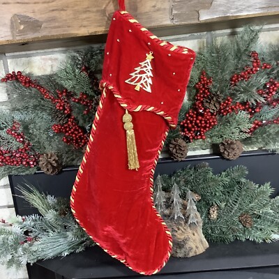 Elegant Dillard's Trimmings Beaded Christmas Stocking Red Velvet Jeweled Tree