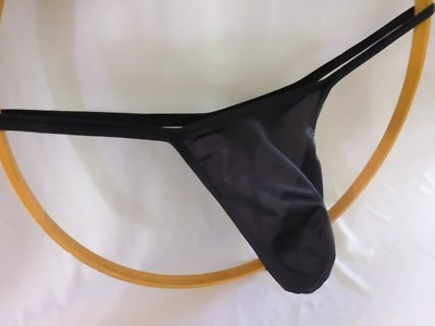 Men's G String Thong Well Endowed curved Front Choice of Back Black Satin Swic