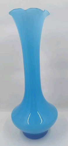 Blue Opaline Fenton Bud Vase Scalloped Swirl Art Glass Vase