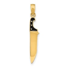 10K Yellow Gold Black Enamel 3-D Butcher Knife Charm Pendant L-1.07 Inch