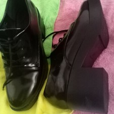 Office London Size 5 Women Brogues Shoes Black Mid Heel Lace Up Patent Smart