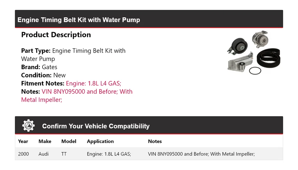 Kit de correia dentada para motor Audi TT 1.8L L4 GASOLINA 2000 com portões de bomba de água - Imagem 2 de 4