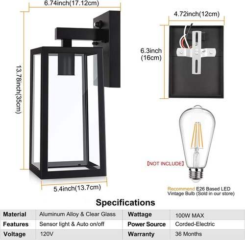 SHINE HAI Dusk to Dawn Sensor Outdoor Wall Sconce, Exterior Wall Lantern Fixture - Picture 5 of 8