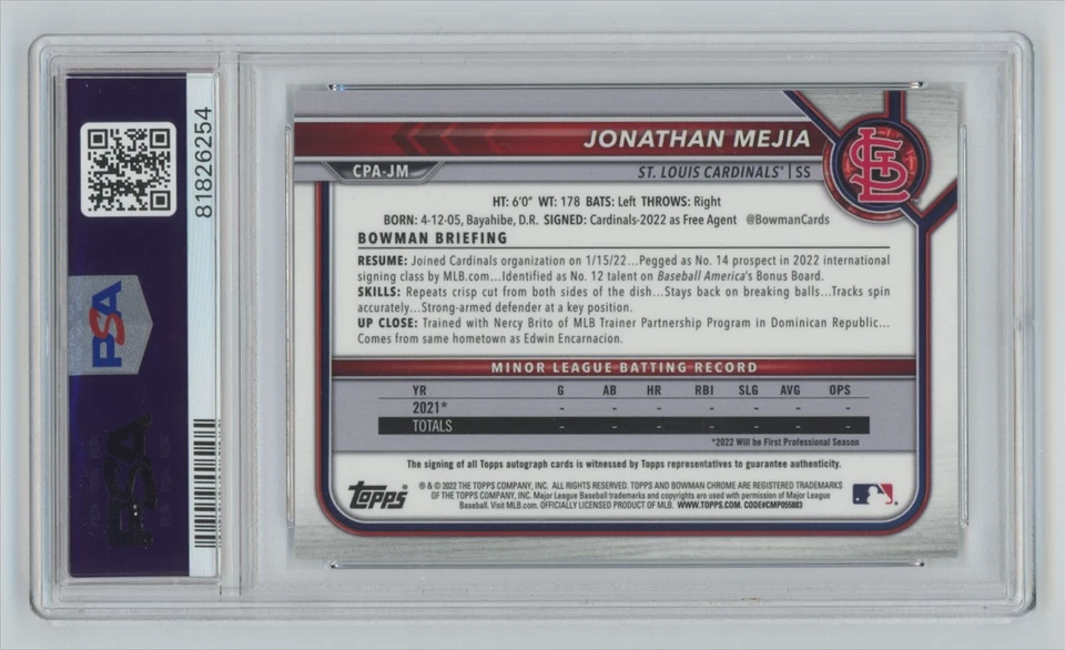 2022 Bowman Chrome Prospects PSA Jonathan Mejia Auto St. Louis Cardinals - Image 2 of 2