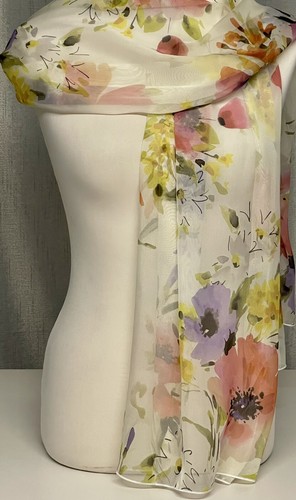 100% Mulberry Silk Chiffon Scarf - Floral Watercolour Pastel Poppies - 65x200cm - Picture 5 of 9