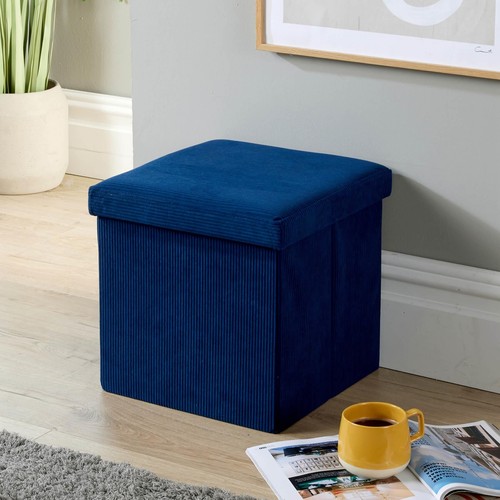 Folding Ottoman Chest Corduroy Blue Fabric Solid Space Saving Storage Square Box - Picture 1 of 7