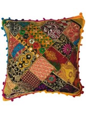 Copricuscino Indiano Patchwork Gujarati Mandala Sari Etnico Seta Poms 40cm