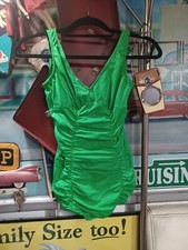 True VTG 1960s 1970s Sears One Piece Ruched Swimsuit 12 Bright Green Mid-century