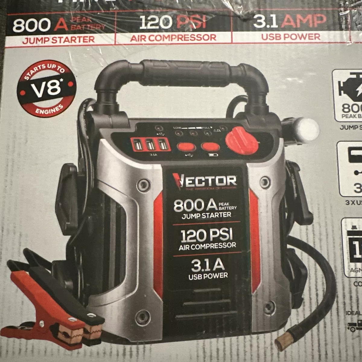 Vector Three USB Charging Ports 120PSI Air Compressor 800 Peak Amp