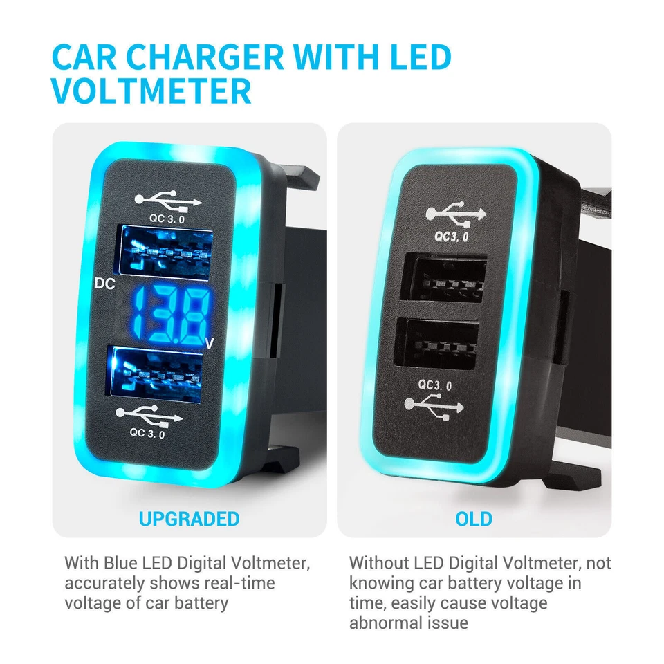 6.4A Fast Car Charger USB3.0 Dual Port Blue Voltmeter For Toyota FJ 40x20mm Foto 2 de 4