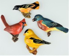 HAND PAINTED CERAMIC CARDINAL, BALTIMORE ORIOLE, GOLDFINCH, UNMARKED  BIRD (4)