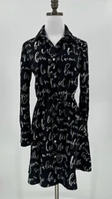 Hutch Womens Black Parisian Script Collared Button Up Fit Flare Shirt Dress Sz S
