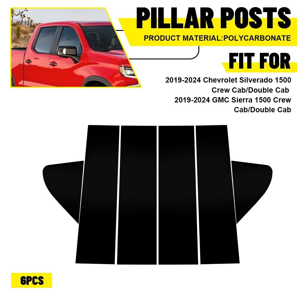 6PCS Black Door Pillar Posts Cover Trim For 2019-2024 Chevrolet Silverado 1500 B