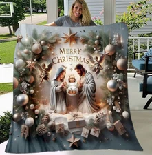 Merry Christmas Nativity Scene Throw Blanket - Nativity Print Fleece Blanket