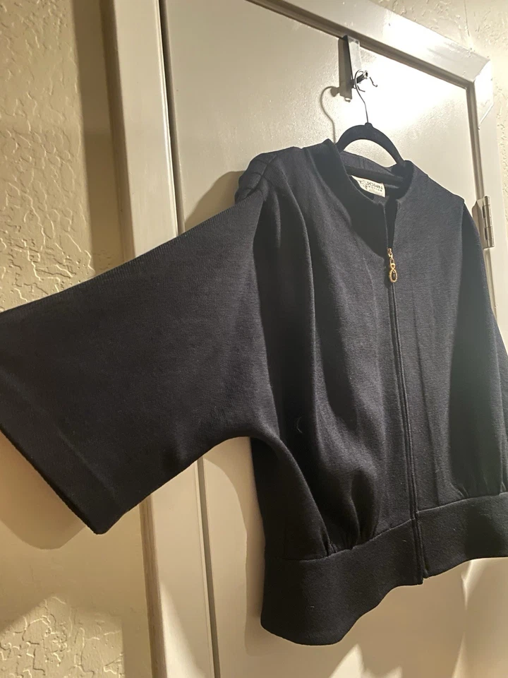 St. John knit Women's Blazer Jacket Size M Black logo Full Zip 3/4 Sleeve office - Image 2 of 4