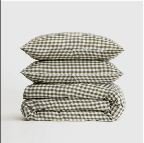 NWT! Quince European Linen Gingham Olive Duvet Cover & 1 Sham! Twin!(200)(READ)