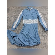 Vintage 1970s Style Blue Chambray Maxi Dress with White Lace Insets