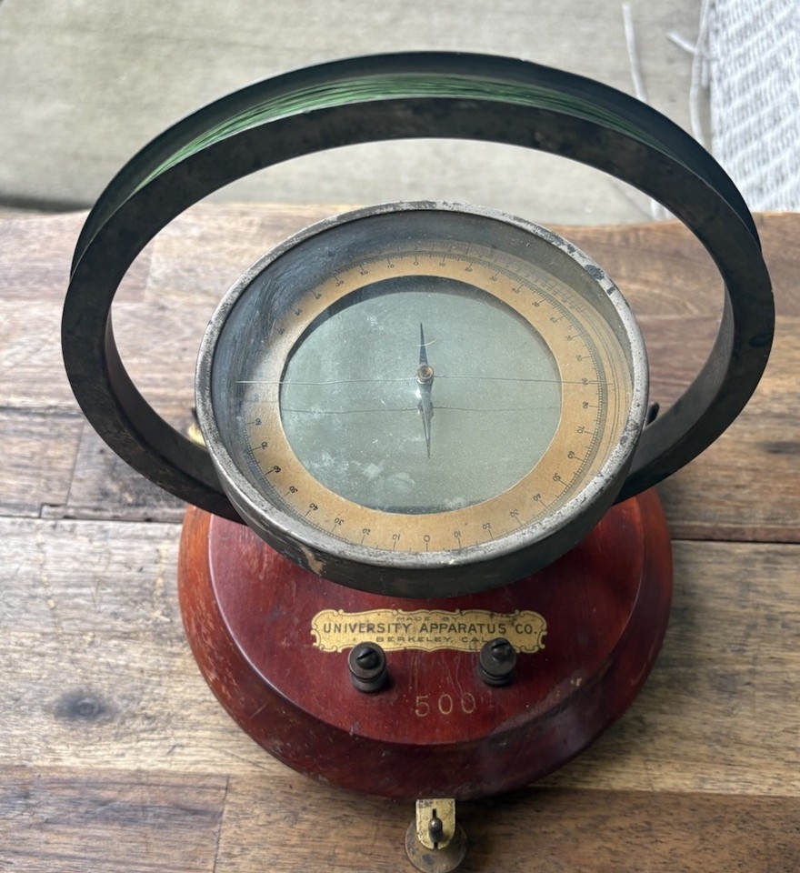 A genuine antique galvanometer in a wooden case — this is the kind of Victorian scientific apparatus that belongs on a mad scientist's desk or in a steampunk novel.