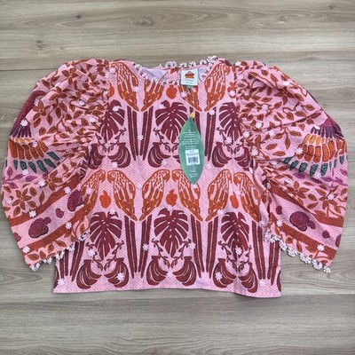 Farm Rio Macaws Blouse Cropped Top Embroidered Trim Ainika Print Large NWT 185$