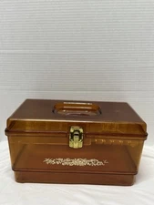 VINTAGE 1950's Sewing Box with Tray - Transparent Amber, Plastic, Craft Supplies