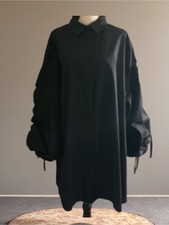 Boohoo Black Oversized Shirt Dress Size 16 NWT Cotton Ruched Drawstring Sleeve