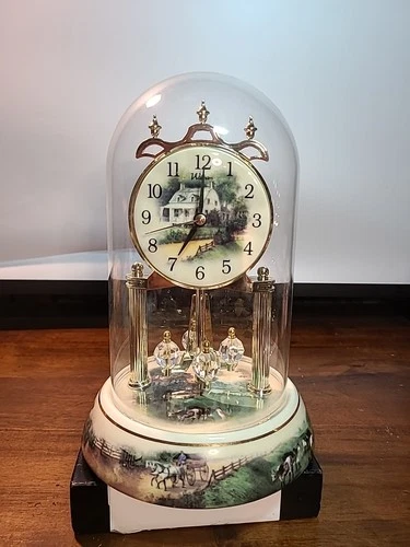 Vtg Waltham Chime Clock Country/Farm Scene Porcelain, Glass Dome. *READ