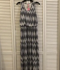 Maxi Dress Sz L Cream Black Chevron Pattern Y2K boho cottage artsy Beach Comfort