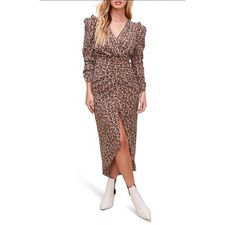 ASTR The Label Maven Print Ruched Midi Dress Brown Animal Print Size Large