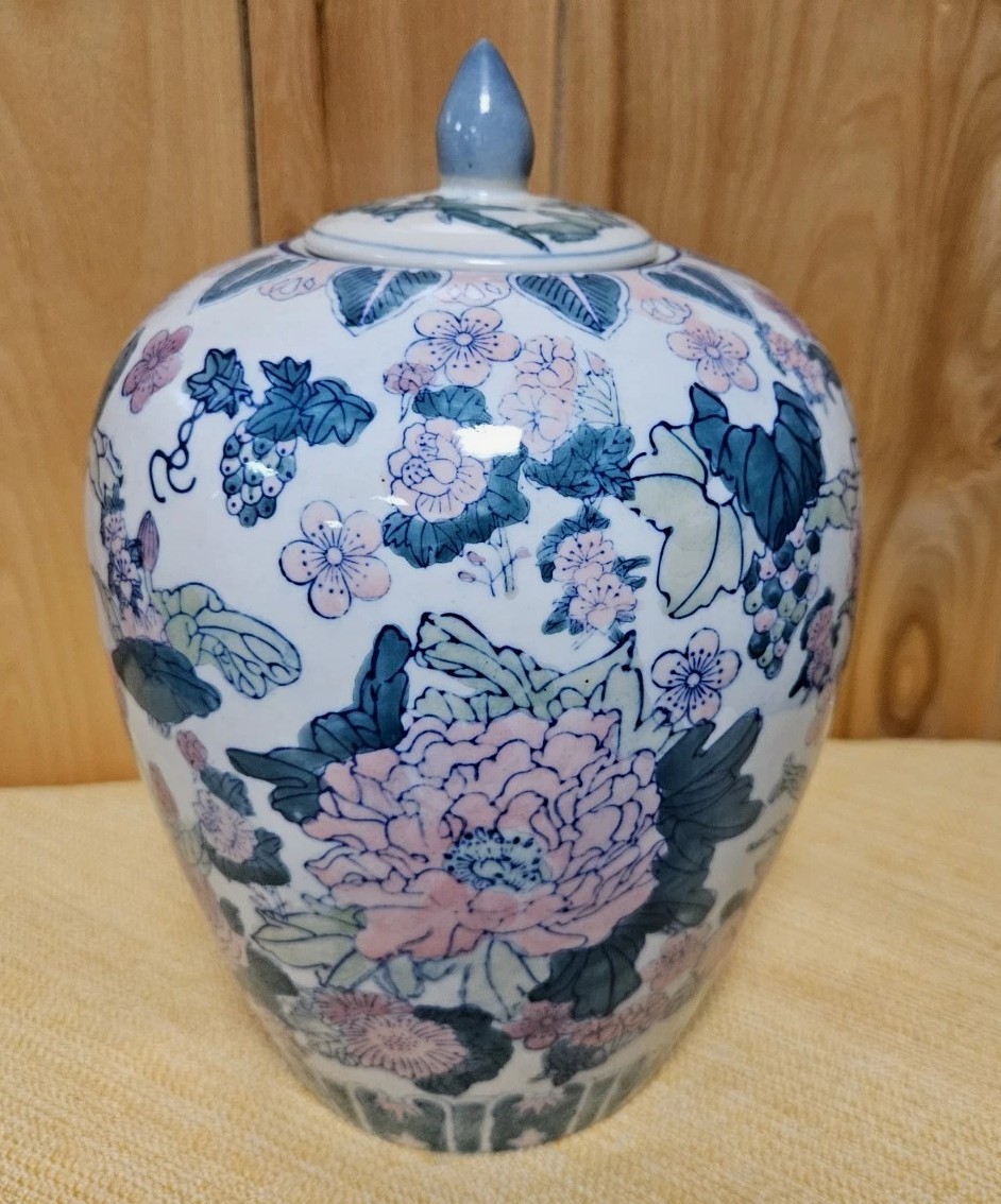 Vintage Pink & Green Handpainted Porcelain Chinoiserie Ginger Jar