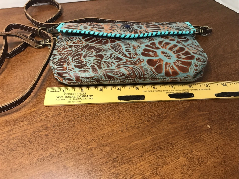 Myra Wristlette Crossbody Hand Tooled Leather Bag Brown And Turquoise - Image 3 of 4