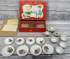 VINTAGE 17 PIECE ROSE FLOWER CHINA TOY TEA SET IN ORIGINAL BOX - MADE IN JAPAN