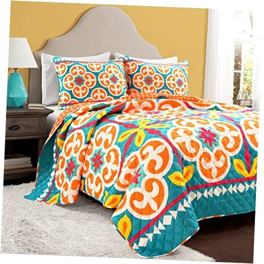 Boho Floral Reversible Oversized 3 Piece Quilt Full/Queen Turquoise & Orange